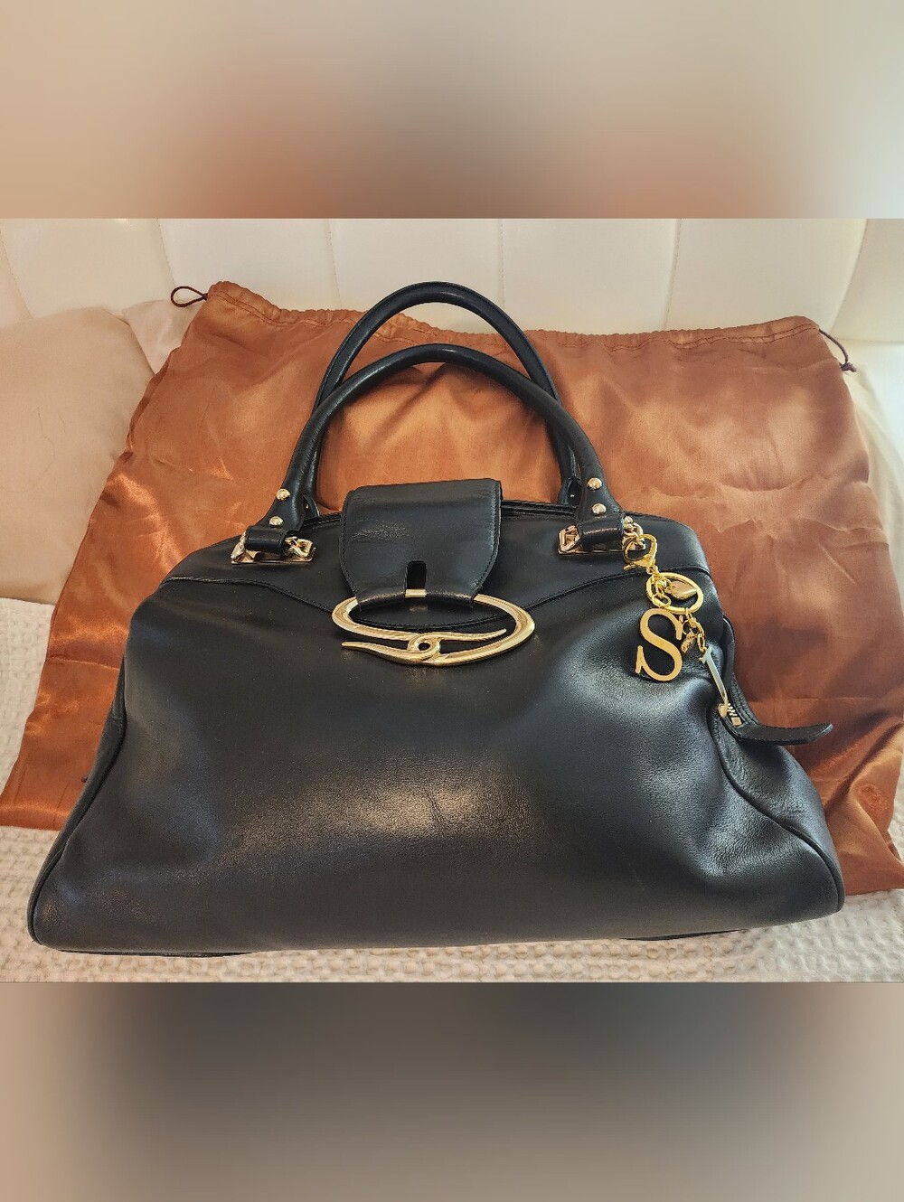 St John Luxury Black Leather Satchel Handbag with Gold Hardware Large Travel